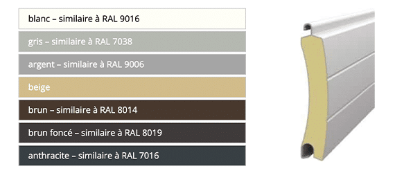 blanc - similaire à RAL 9016 gris - similaire à RAL 7038 argent - similaire à RAL 9006 beige brun - similaire à RAL 8014 brun foncé - similaire à RAL 8019 anthracite - similaire à RAL 7016