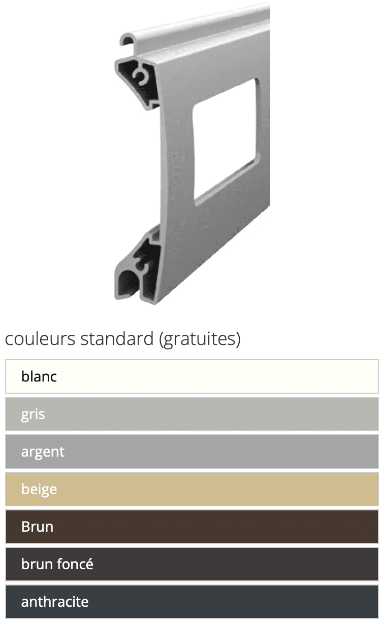 Lame de visualisation - Couleurs standard (gratuites) : blanc, gris, argent, beige, brun, brun foncé, anthracite