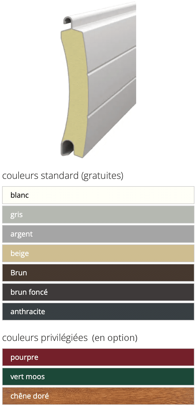 Lame standard - Couleurs standard (gratuites) : blanc, gris, argent, beige, brun, brun foncé, anthracite. Couleurs privilégiées (en option) : Pourpre, vert moos, chêne doré